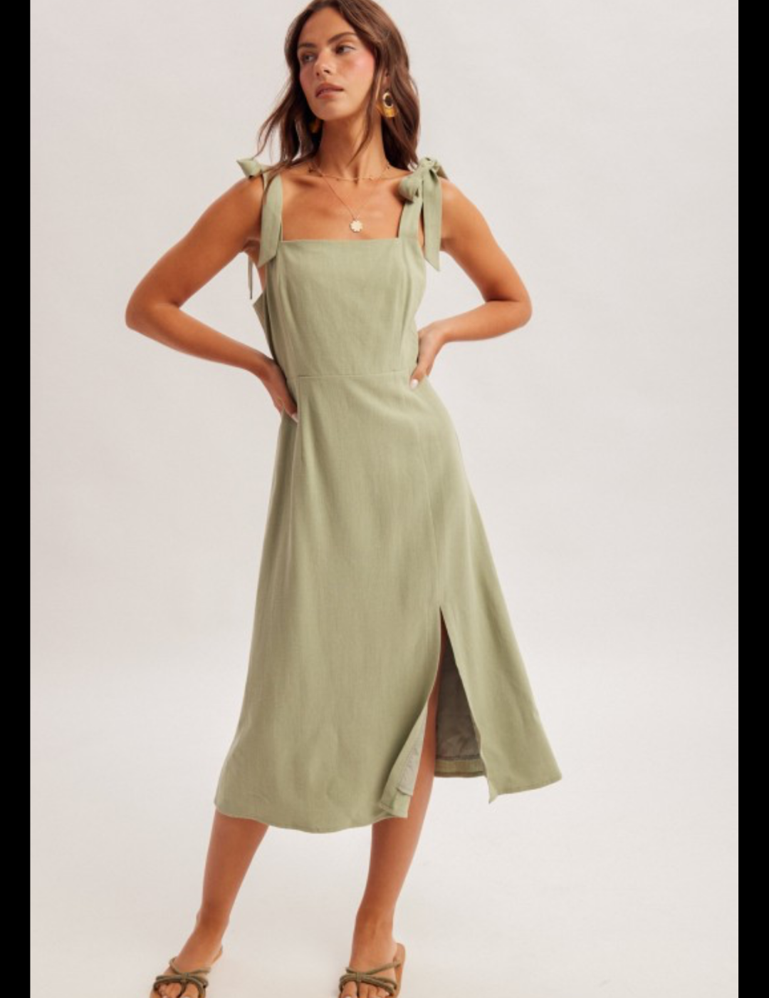 Sage Linen Midi Dress – A Touch of Spark