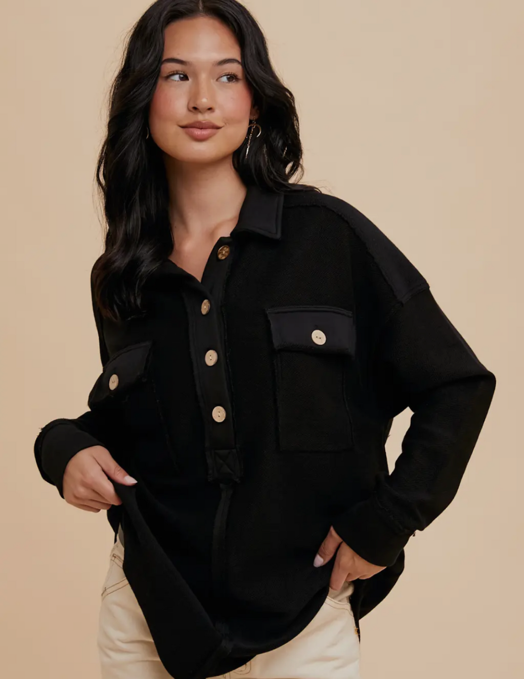 Black Button Front Top