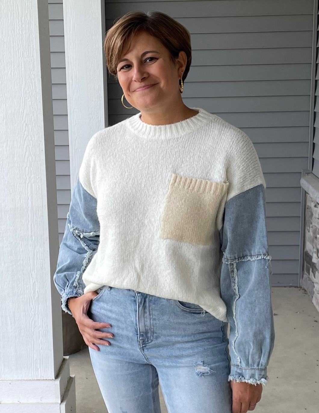 Cream Denim Sleeve Sweater