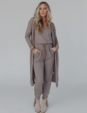 Load image into Gallery viewer, Mocha Jumpsuit and Cardigan Set
