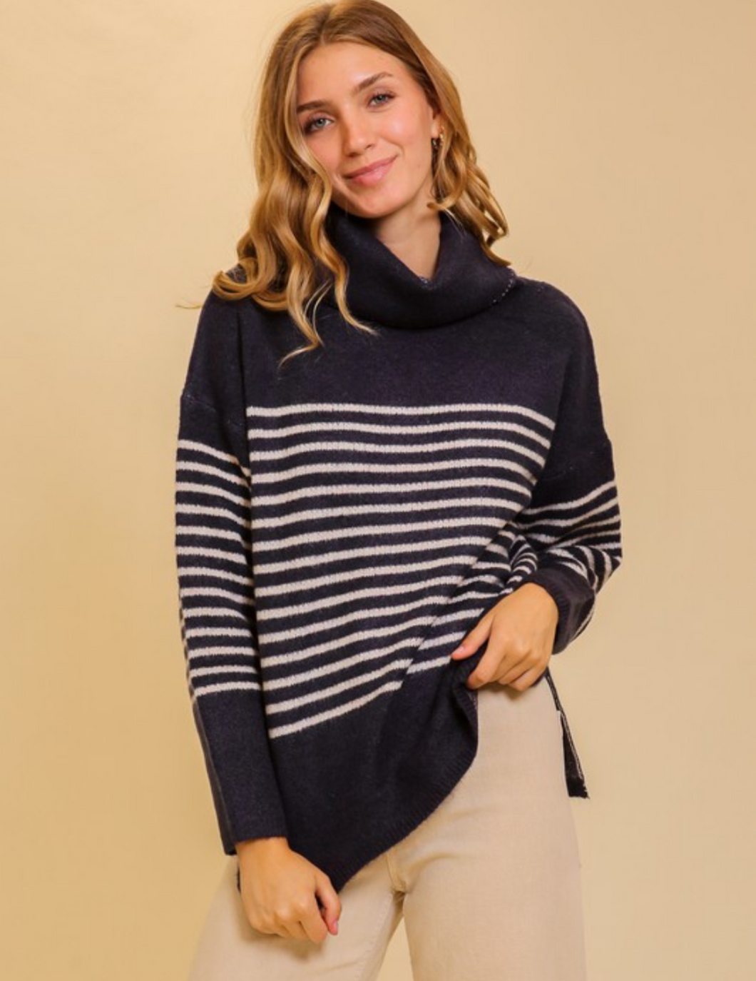 Navy Striped Turtleneck Sweater