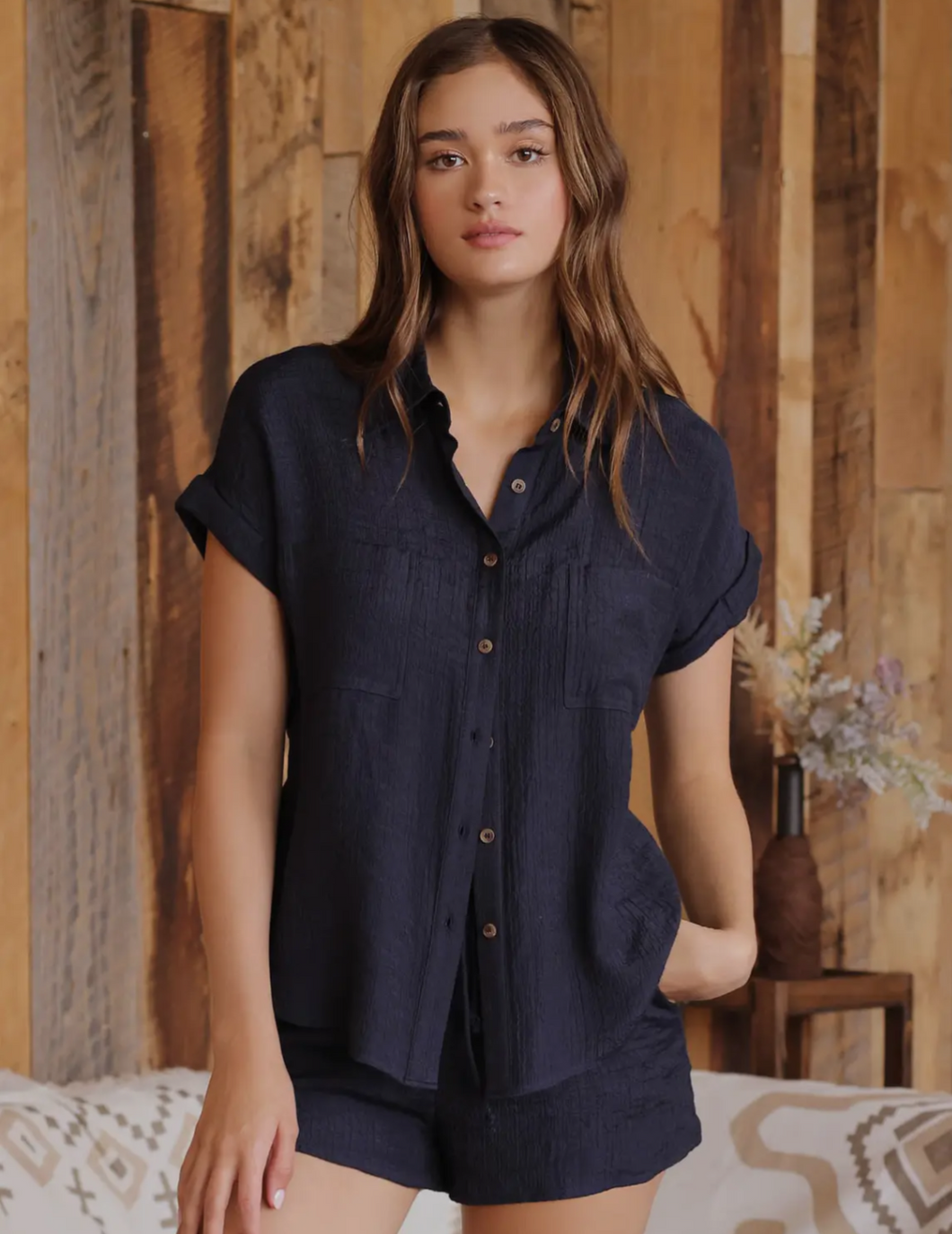 Navy Button Down Top